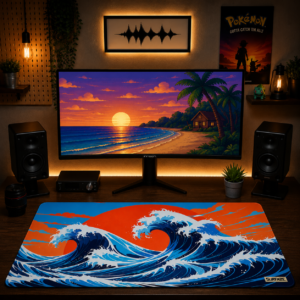 CRIMSON WAVE | Abstract Japanese Desk Mat | Extended Gaming Mouse pad
