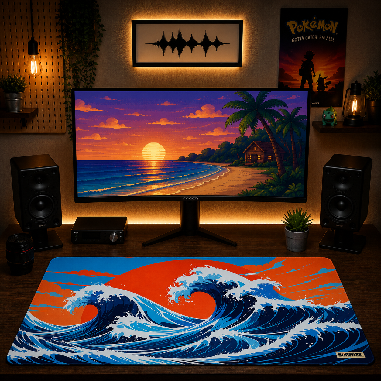 CRIMSON WAVE | Abstract Japanese Desk Mat | Extended Gaming Mouse pad