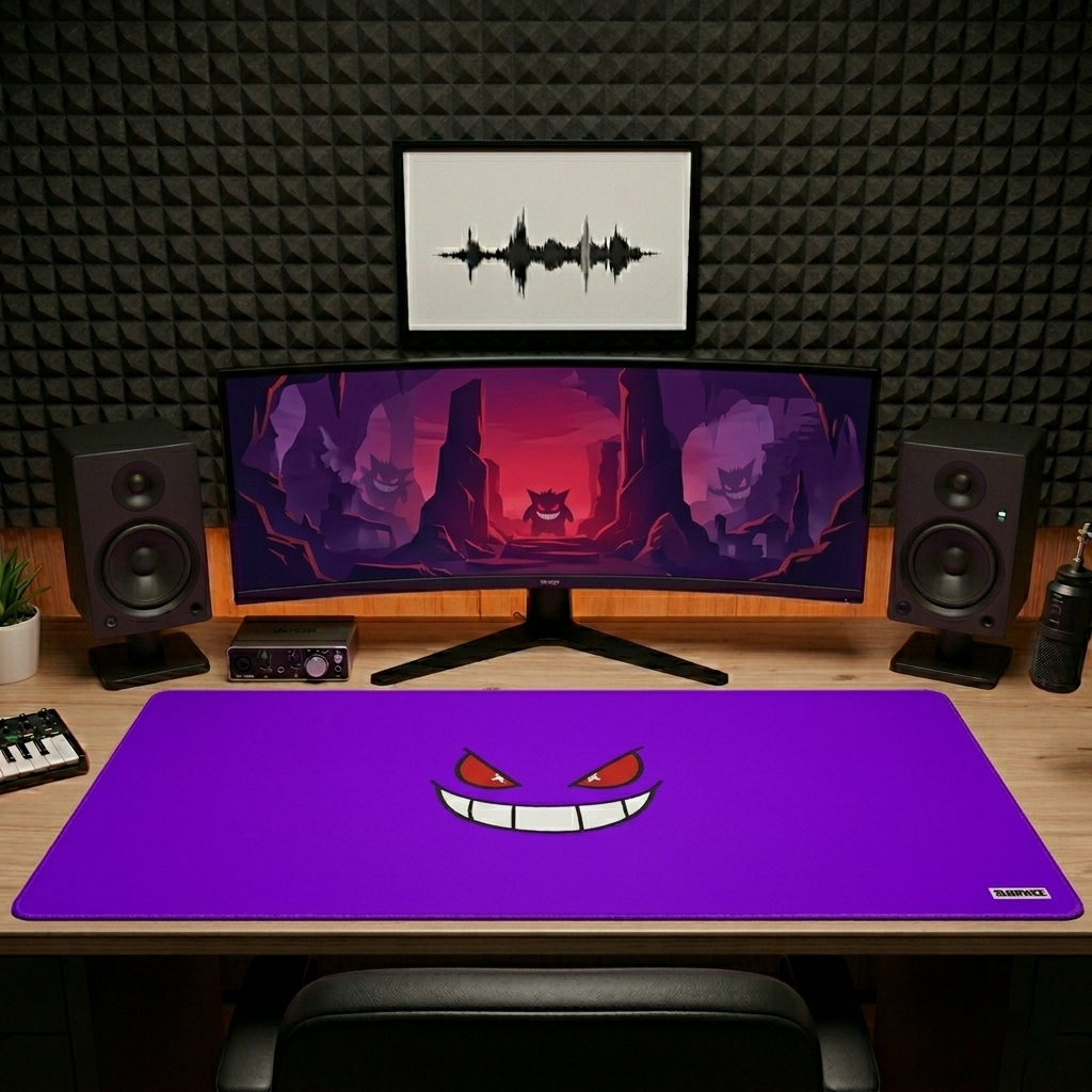 SHADOW GRIN | Minimalist Ghost-Type Desk Mat | 36"x18" | Deep Purple Aesthetic
