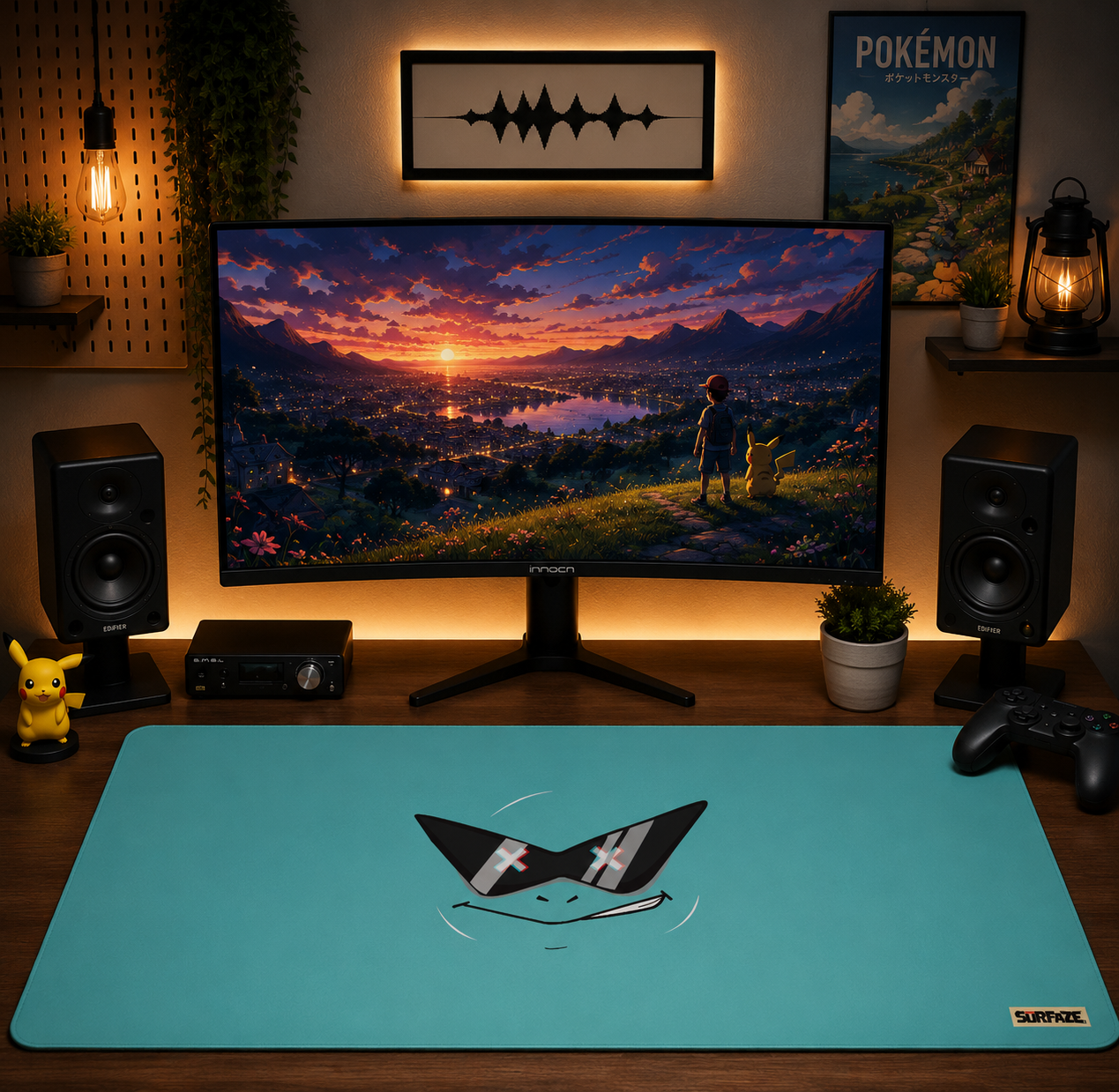 SQUAD LEADER | Minimalist Anime Character Desk Mat | 36"x18" | Cool Teal